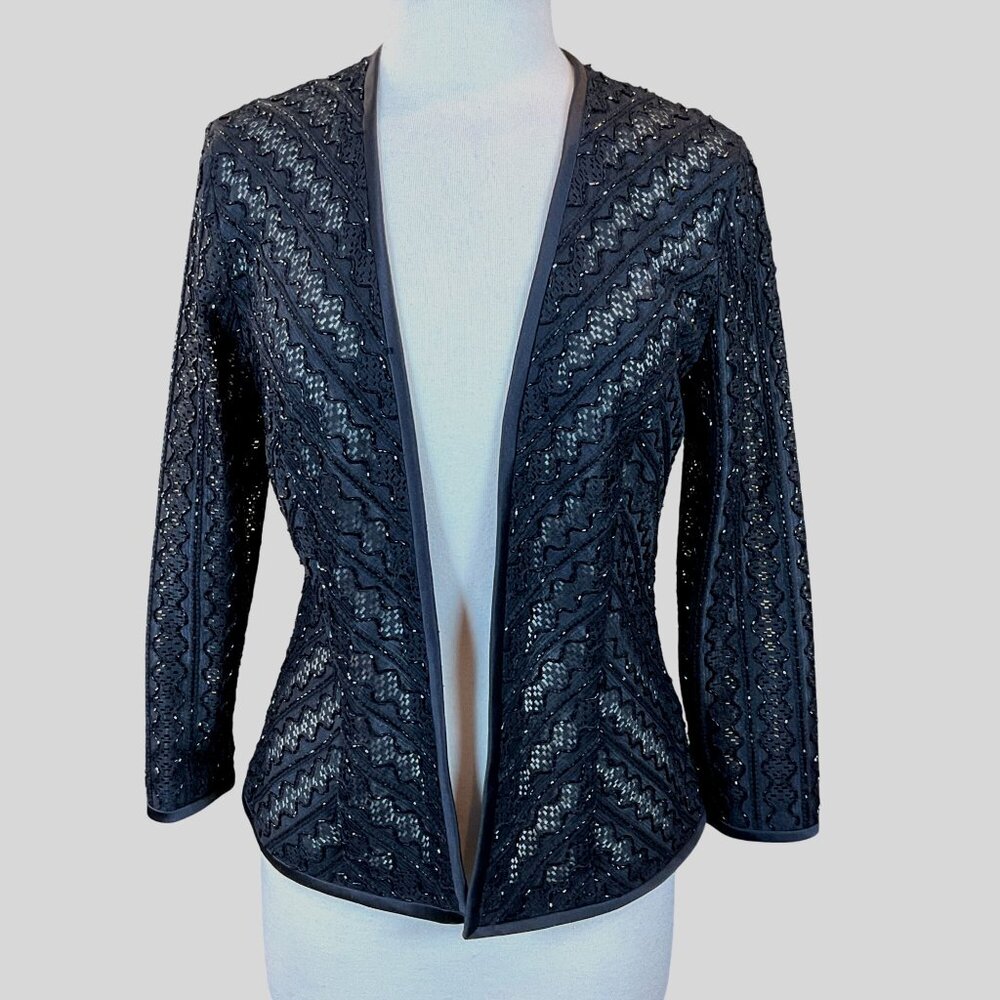 Bob Mackie Long Sleeve Black Open Front Lacy Beaded Evening Jacket Sz 8